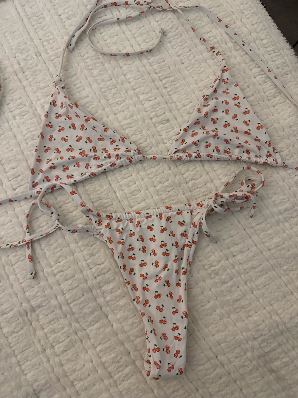 White Cherry Print Triangle Bikini Set